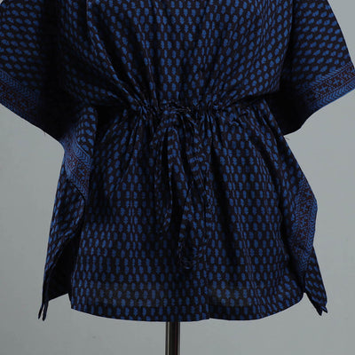 Blue - Bagh Block Printed Cotton Kaftan with Tie-Up Waist (Short)