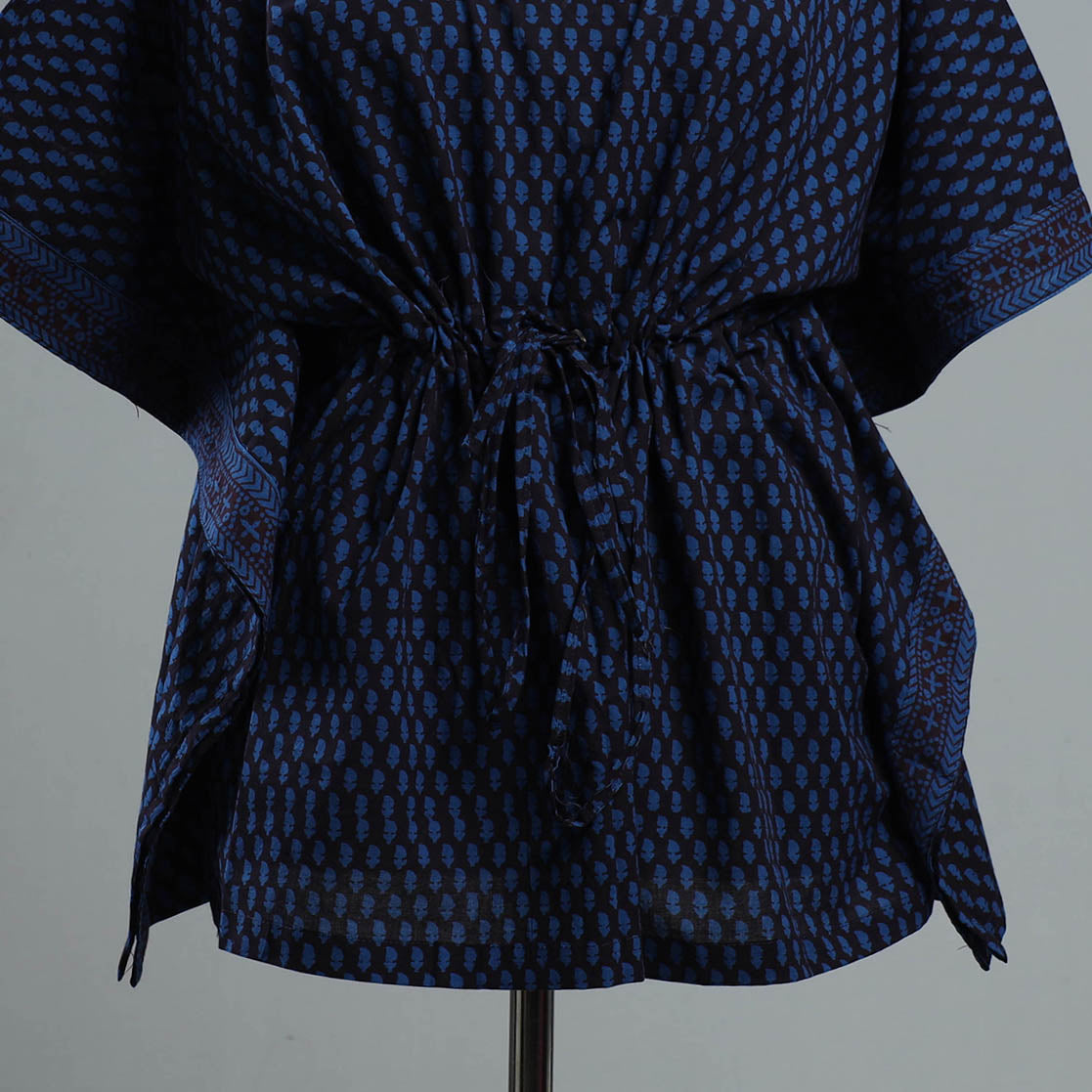Blue - Bagh Block Printed Cotton Kaftan with Tie-Up Waist (Short)