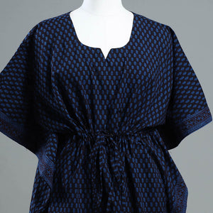 Blue - Bagh Block Printed Cotton Kaftan with Tie-Up Waist (Short)