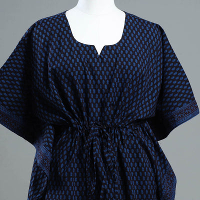 Blue - Bagh Block Printed Cotton Kaftan with Tie-Up Waist (Short)