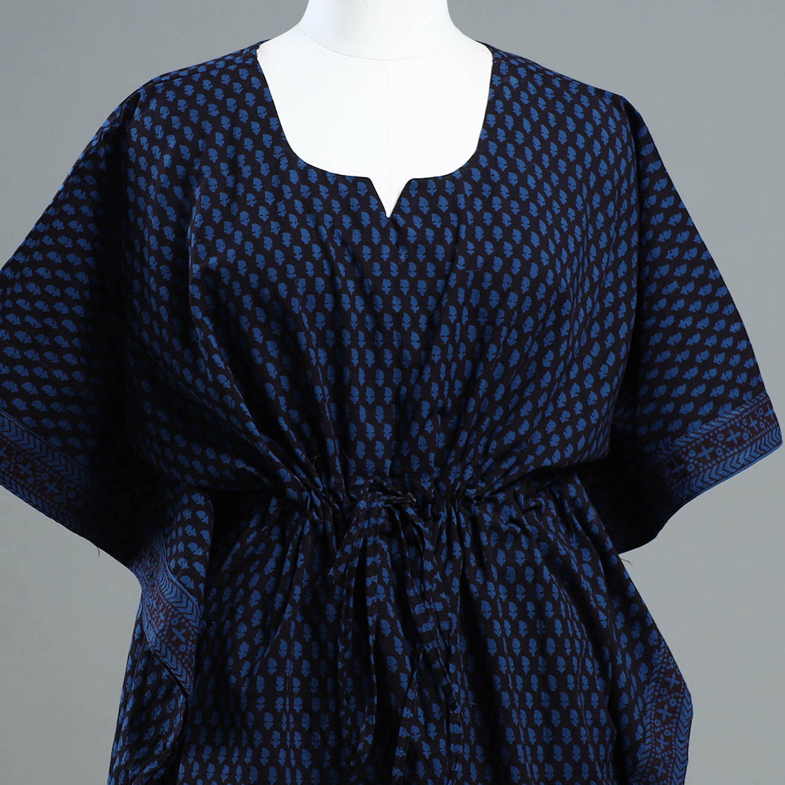 Blue - Bagh Block Printed Cotton Kaftan with Tie-Up Waist (Short)