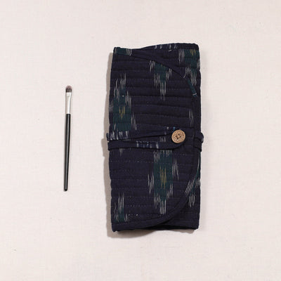 Black - Ikat Fabric Multipurpose Segmented Make-up Brush Wrap Pouch/Case