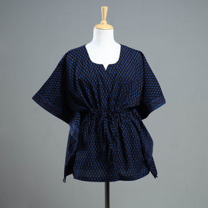 Blue - Bagh Block Printed Cotton Kaftan with Tie-Up Waist (Short)