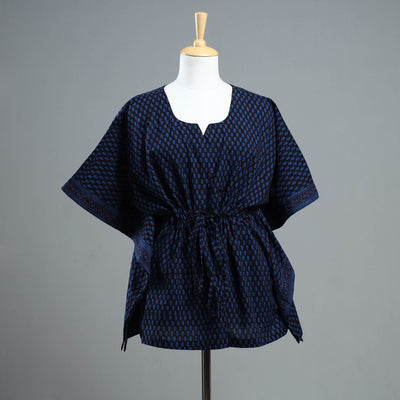 Blue - Bagh Block Printed Cotton Kaftan with Tie-Up Waist (Short)