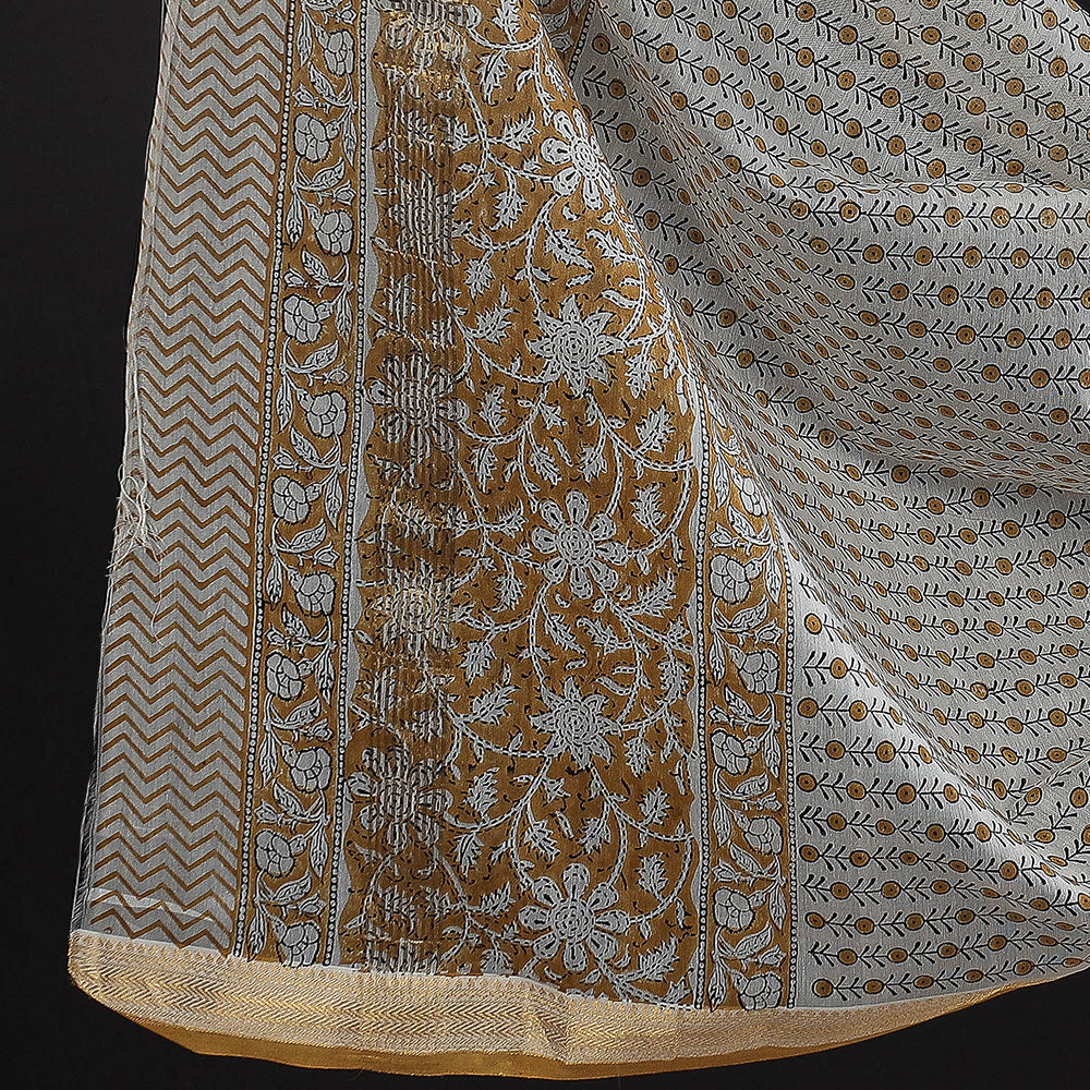 Brown - 3pc Sanganeri Block Printed Maheshwari Silk Suit Material Set