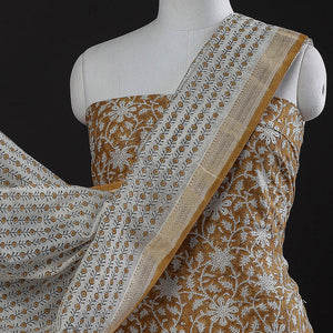Brown - 3pc Sanganeri Block Printed Maheshwari Silk Suit Material Set
