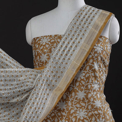 Brown - 3pc Sanganeri Block Printed Maheshwari Silk Suit Material Set