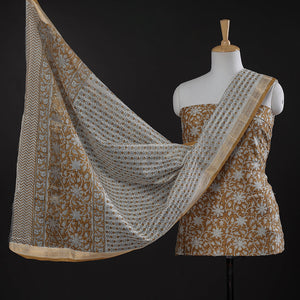 Brown - 3pc Sanganeri Block Printed Maheshwari Silk Suit Material Set