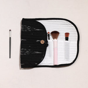 Black - Ikat Fabric Multipurpose Segmented Make-up Brush Wrap Pouch/Case