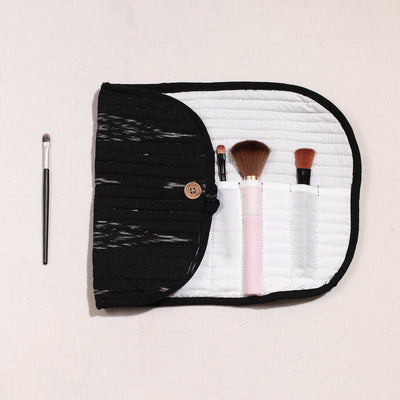 Black - Ikat Fabric Multipurpose Segmented Make-up Brush Wrap Pouch/Case