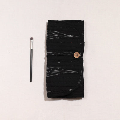 Black - Ikat Fabric Multipurpose Segmented Make-up Brush Wrap Pouch/Case