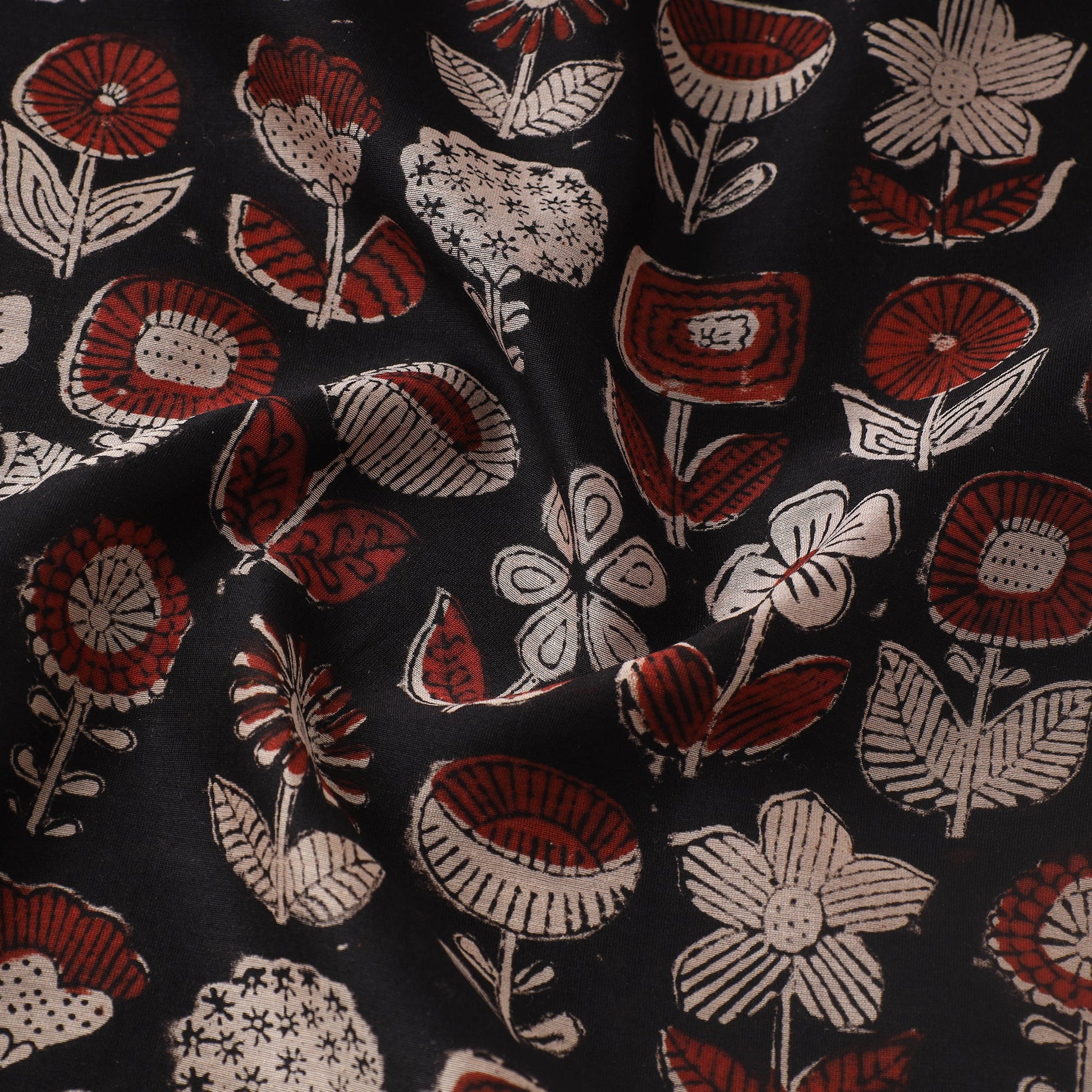 Black - Ajrakh Dabu Bagru Block Print Chanderi Silk Fabric 11