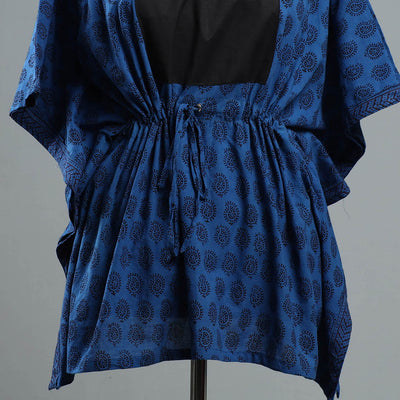 Blue - Bagh Block Printed Cotton Kaftan with Tie-Up Waist (Short)