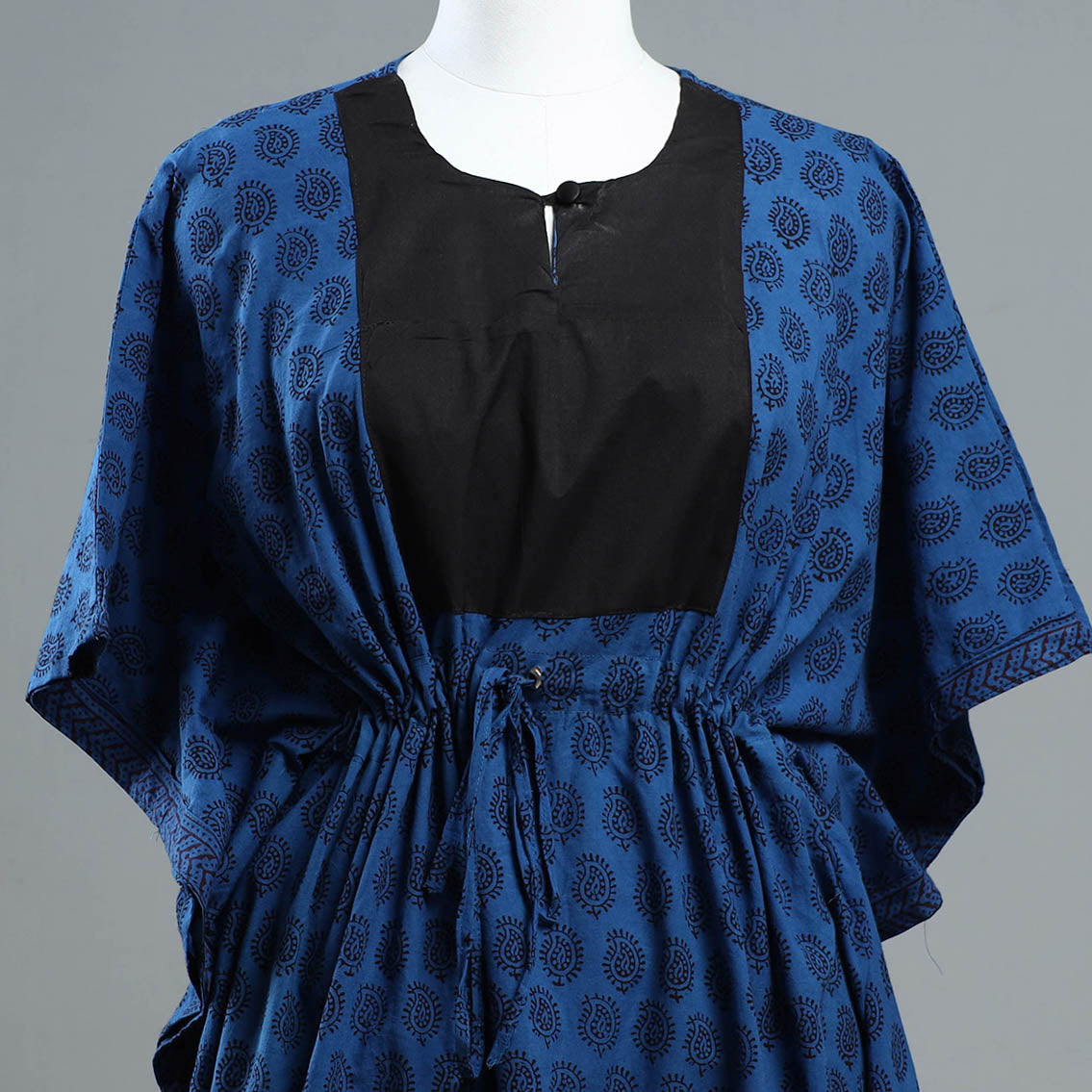 Blue - Bagh Block Printed Cotton Kaftan with Tie-Up Waist (Short)