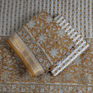 Brown - 3pc Sanganeri Block Printed Maheshwari Silk Suit Material Set