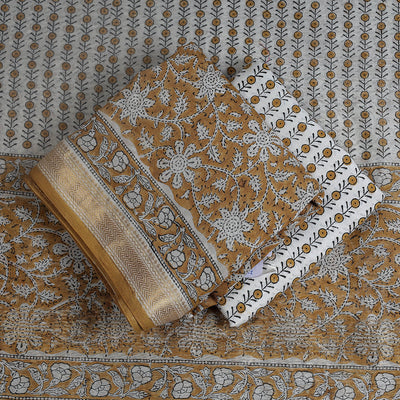 Brown - 3pc Sanganeri Block Printed Maheshwari Silk Suit Material Set
