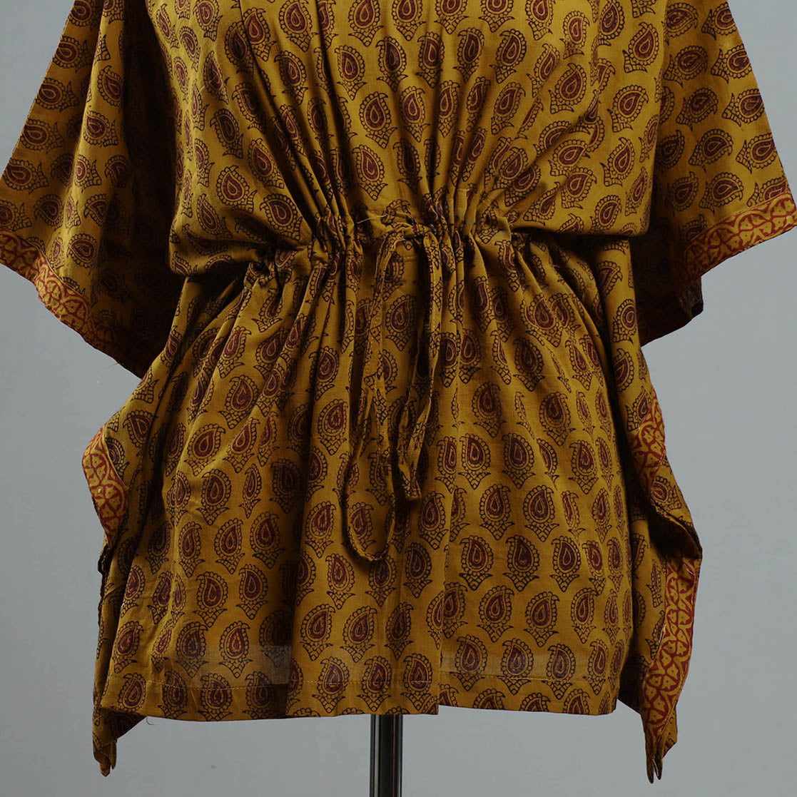 Brown - Bagh Block Printed Cotton Kaftan with Tie-Up Waist (Short)