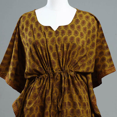Brown - Bagh Block Printed Cotton Kaftan with Tie-Up Waist (Short)