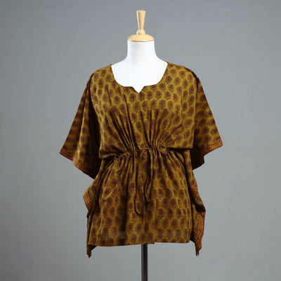Brown - Bagh Block Printed Cotton Kaftan with Tie-Up Waist (Short)