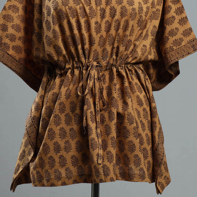Brown - Bagh Block Printed Cotton Kaftan with Tie-Up Waist (Short)