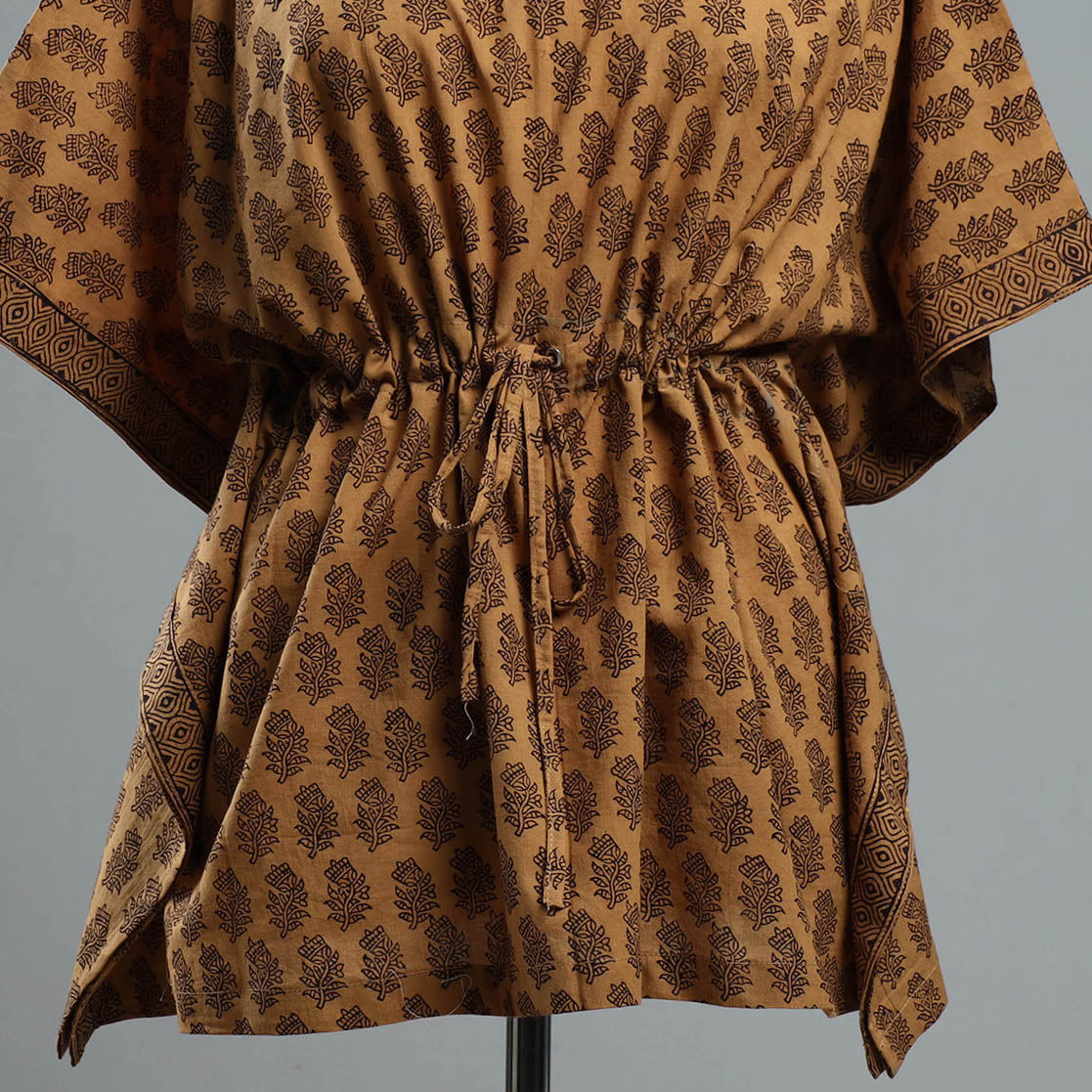 Brown - Bagh Block Printed Cotton Kaftan with Tie-Up Waist (Short)