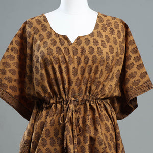 Brown - Bagh Block Printed Cotton Kaftan with Tie-Up Waist (Short)
