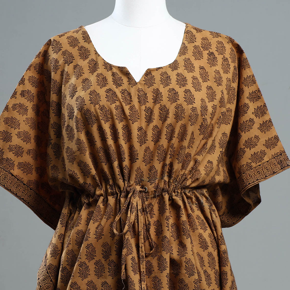 Brown - Bagh Block Printed Cotton Kaftan with Tie-Up Waist (Short)