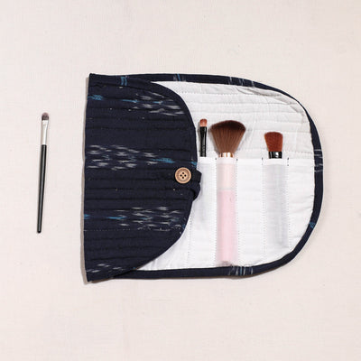 Black - Ikat Fabric Multipurpose Segmented Make-up Brush Wrap Pouch/Case