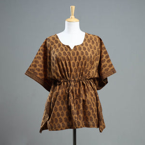 Brown - Bagh Block Printed Cotton Kaftan with Tie-Up Waist (Short)