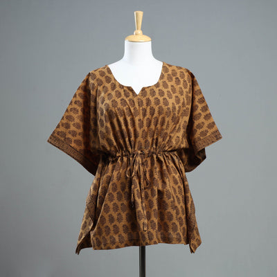 Brown - Bagh Block Printed Cotton Kaftan with Tie-Up Waist (Short)