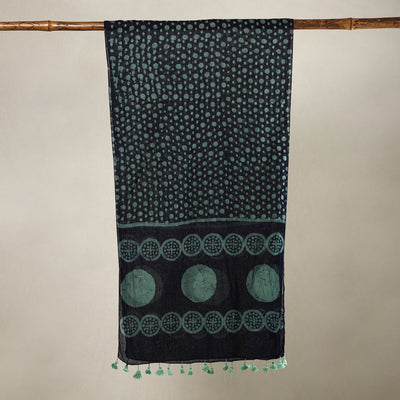 Black - Hand Batik Printed Mul Cotton Stole with Tassels 15