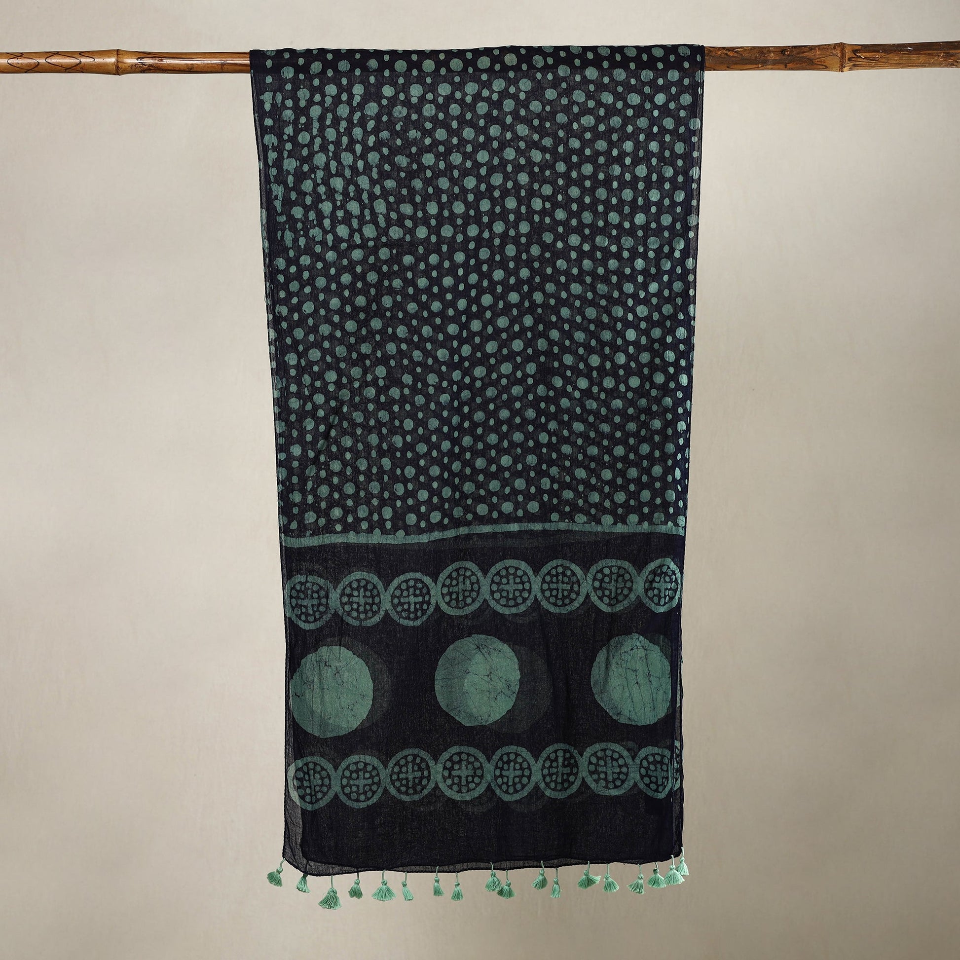 Black - Hand Batik Printed Mul Cotton Stole with Tassels 15