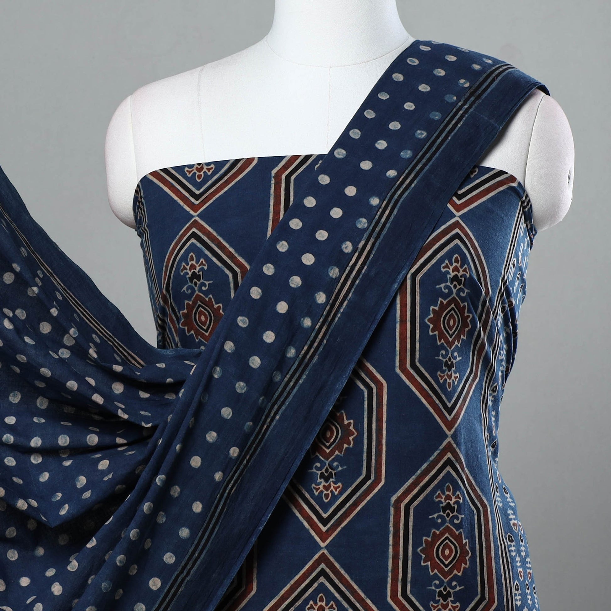 Blue - 3pc Ajrakh Hand Block Printed Cotton Suit Material Set