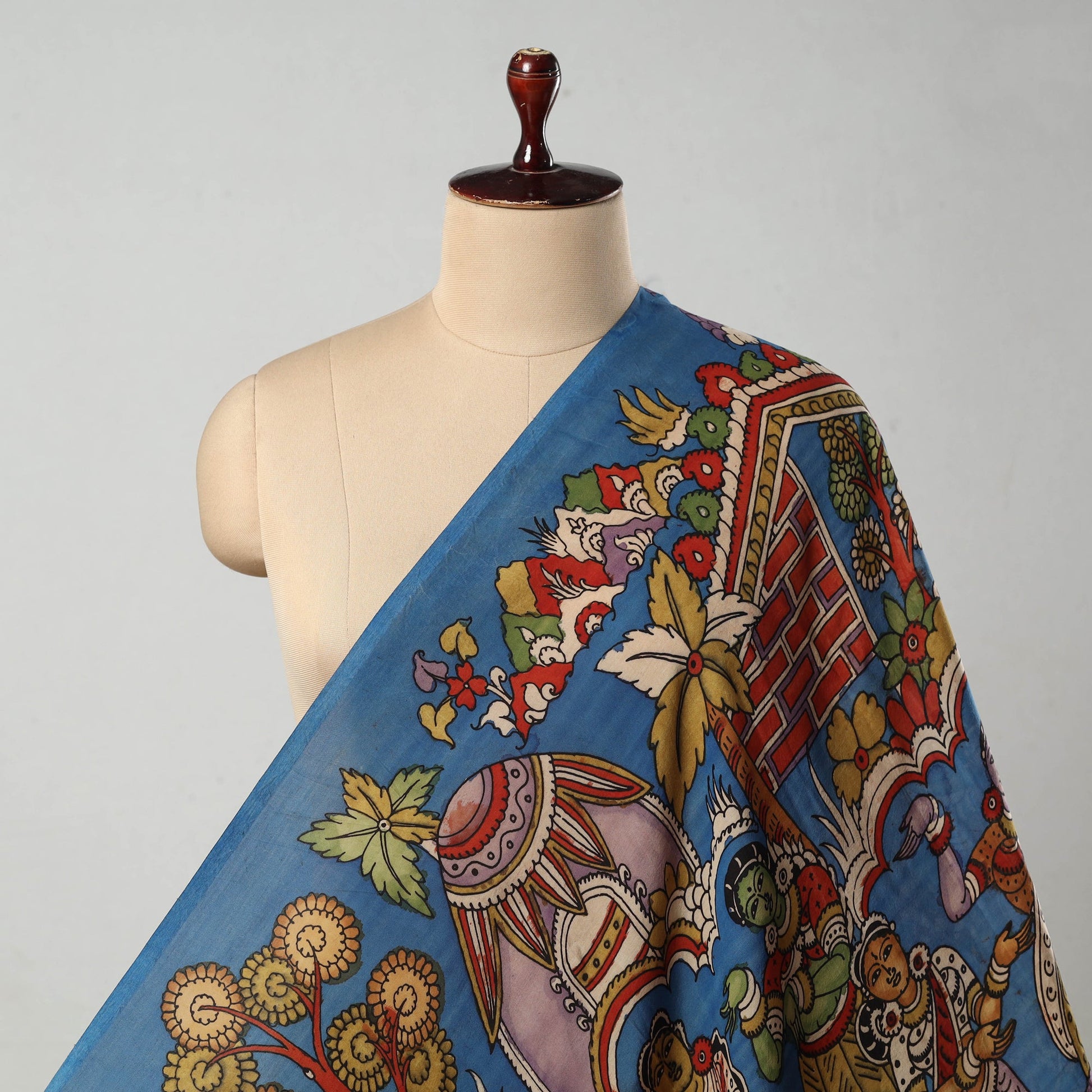 Blue - Bangalore Silk Srikalahasti Pen Kalamkari Fabric 02