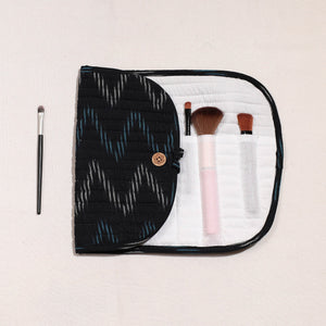 Black - Ikat Fabric Multipurpose Segmented Make-up Brush Wrap Pouch/Case
