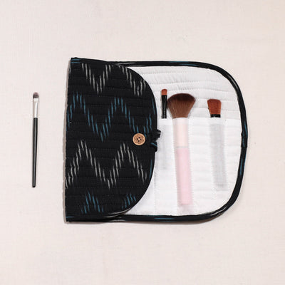 Black - Ikat Fabric Multipurpose Segmented Make-up Brush Wrap Pouch/Case