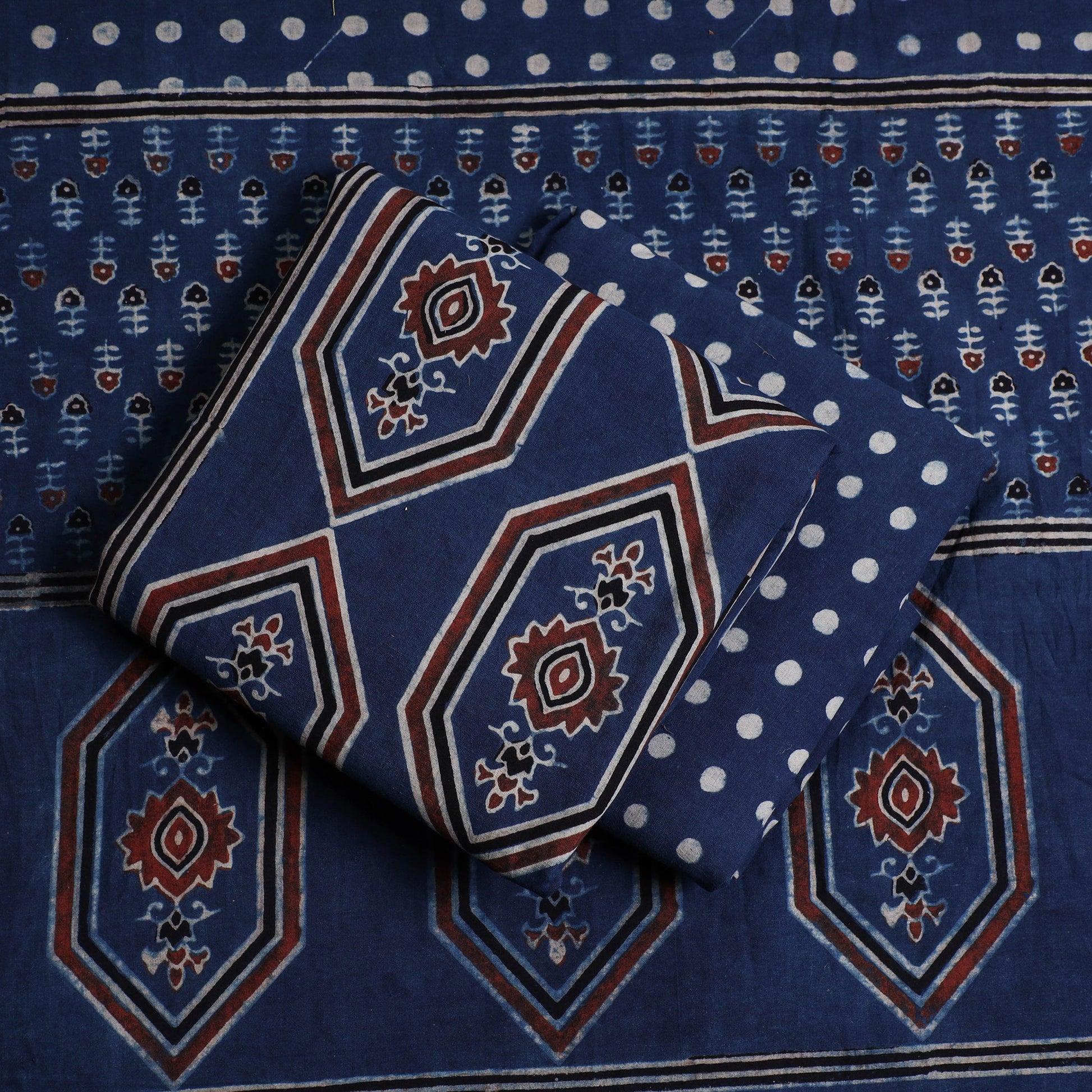 Blue - 3pc Ajrakh Hand Block Printed Cotton Suit Material Set
