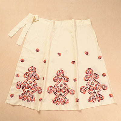 Beige - Bengal Kantha Embroidery Cotton Wrap Around Skirt