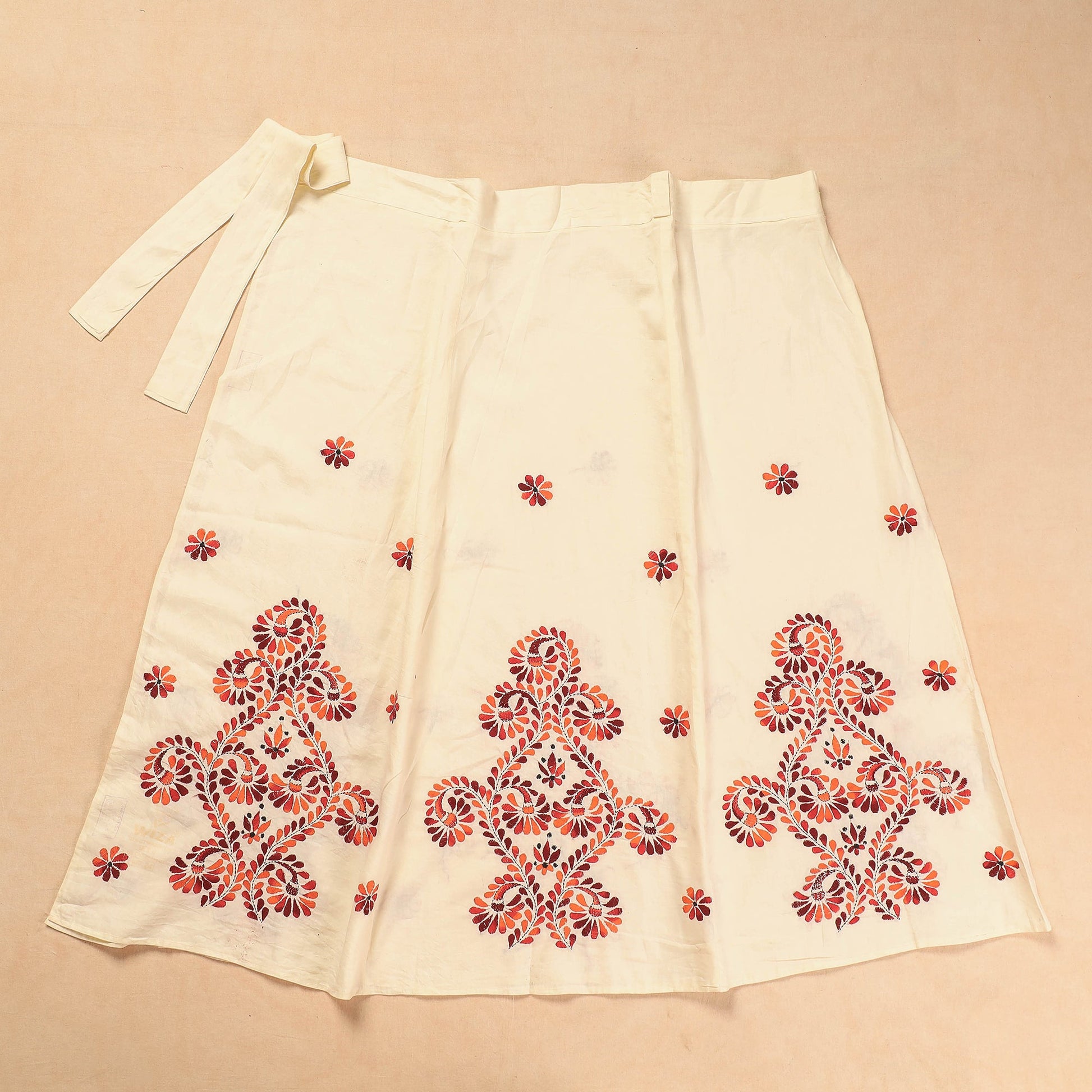 Beige - Bengal Kantha Embroidery Cotton Wrap Around Skirt