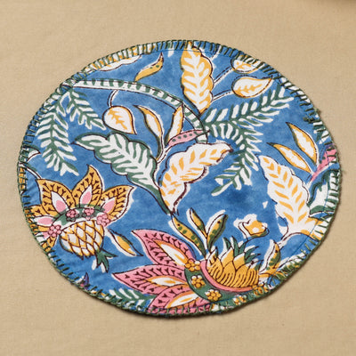 Blue - Floral Block Print Hand Embroidery Roti Napkin  02