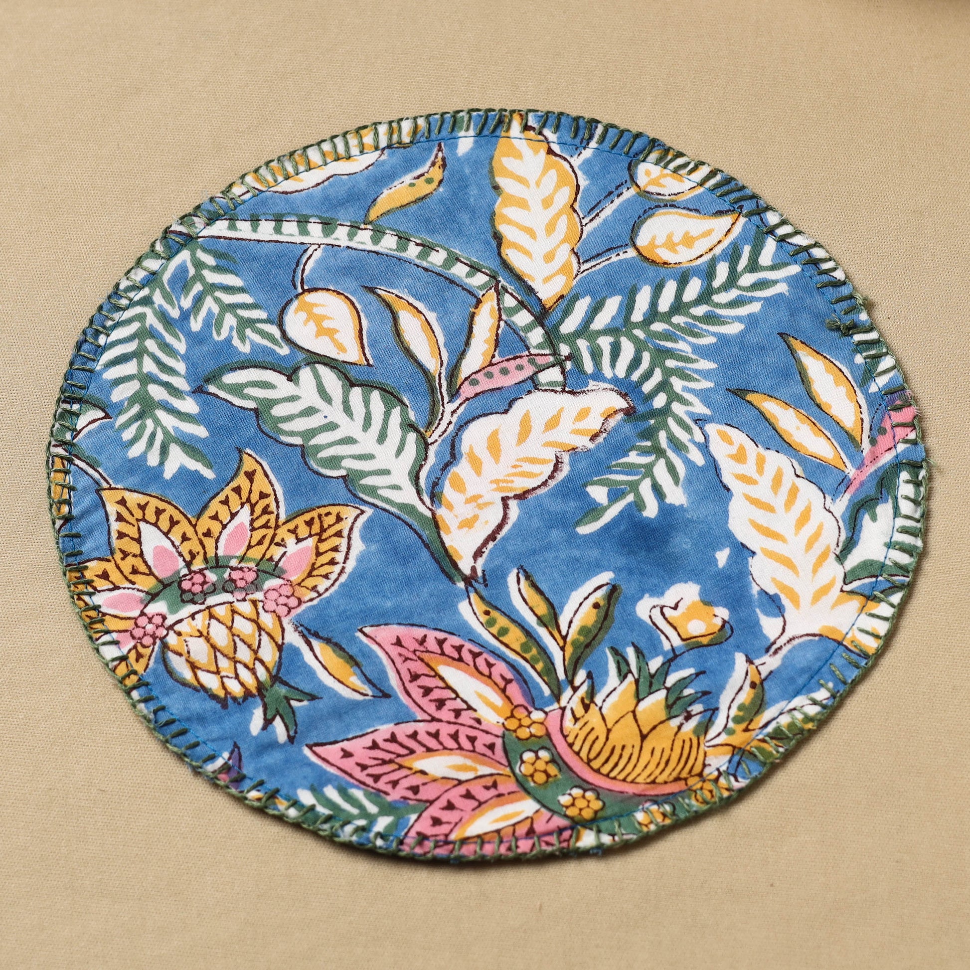 Blue - Floral Block Print Hand Embroidery Roti Napkin  02