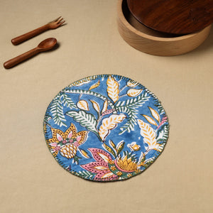 Blue - Floral Block Print Hand Embroidery Roti Napkin  02