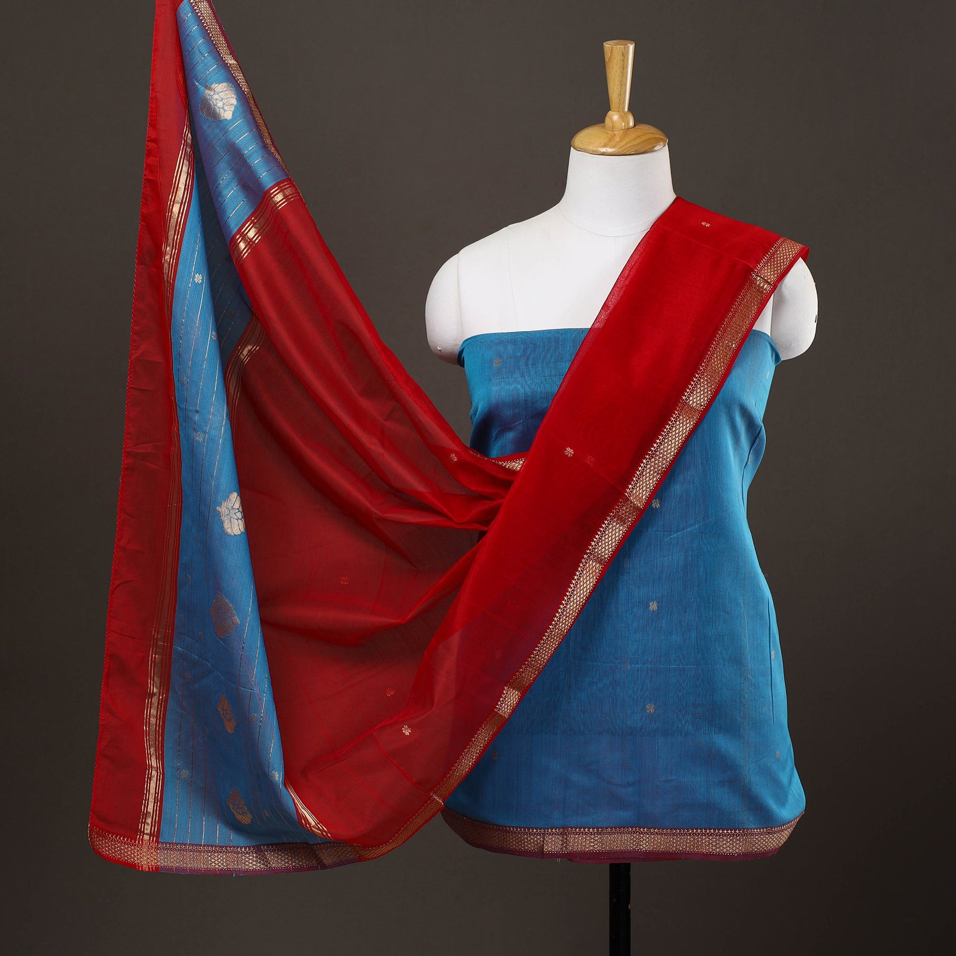 Blue - 3pc Handloom Nakshi Zari Chanderi Silk Dress Material 06