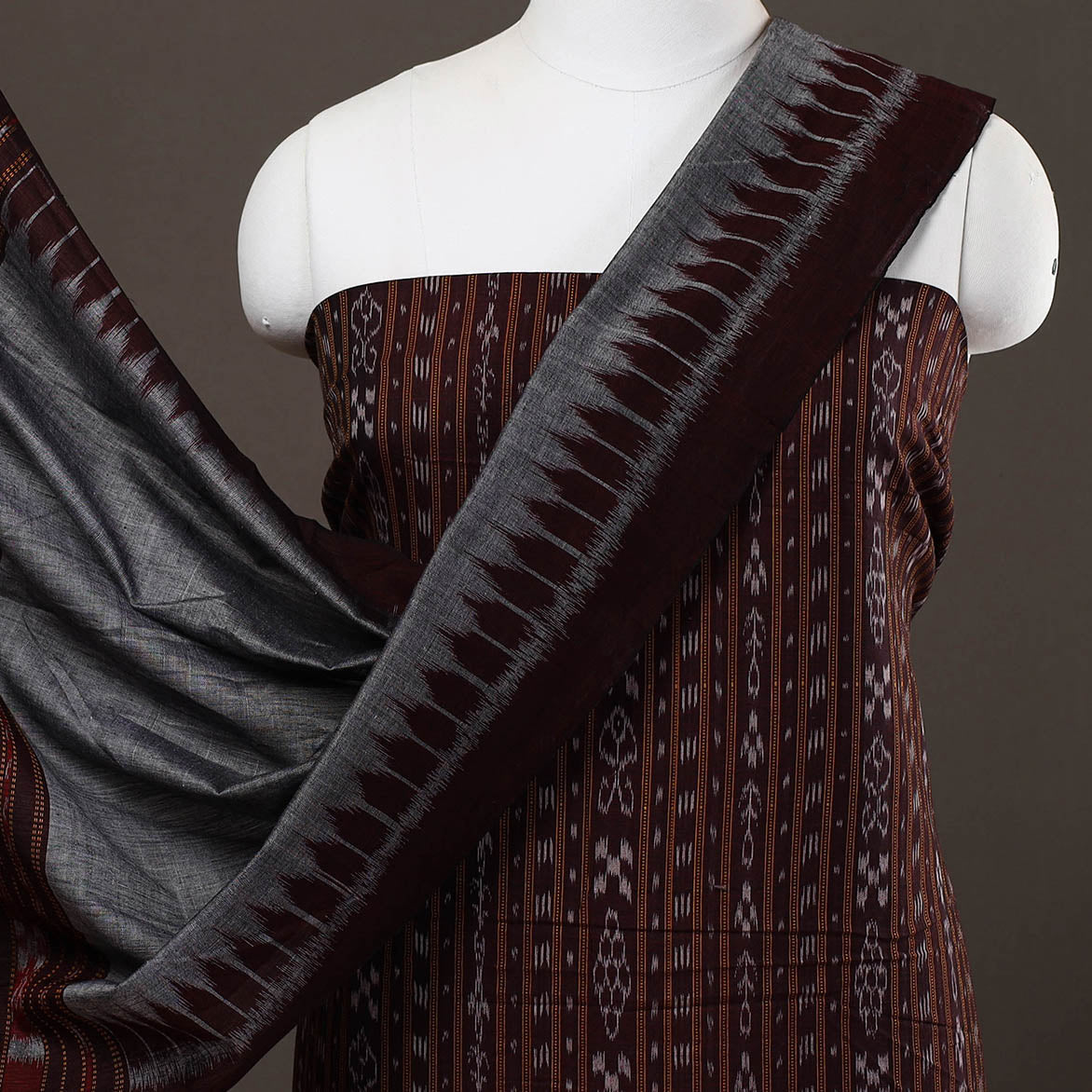 Brown - 3pc Handloom Cotton Sambalpuri Ikat Dress Material 04