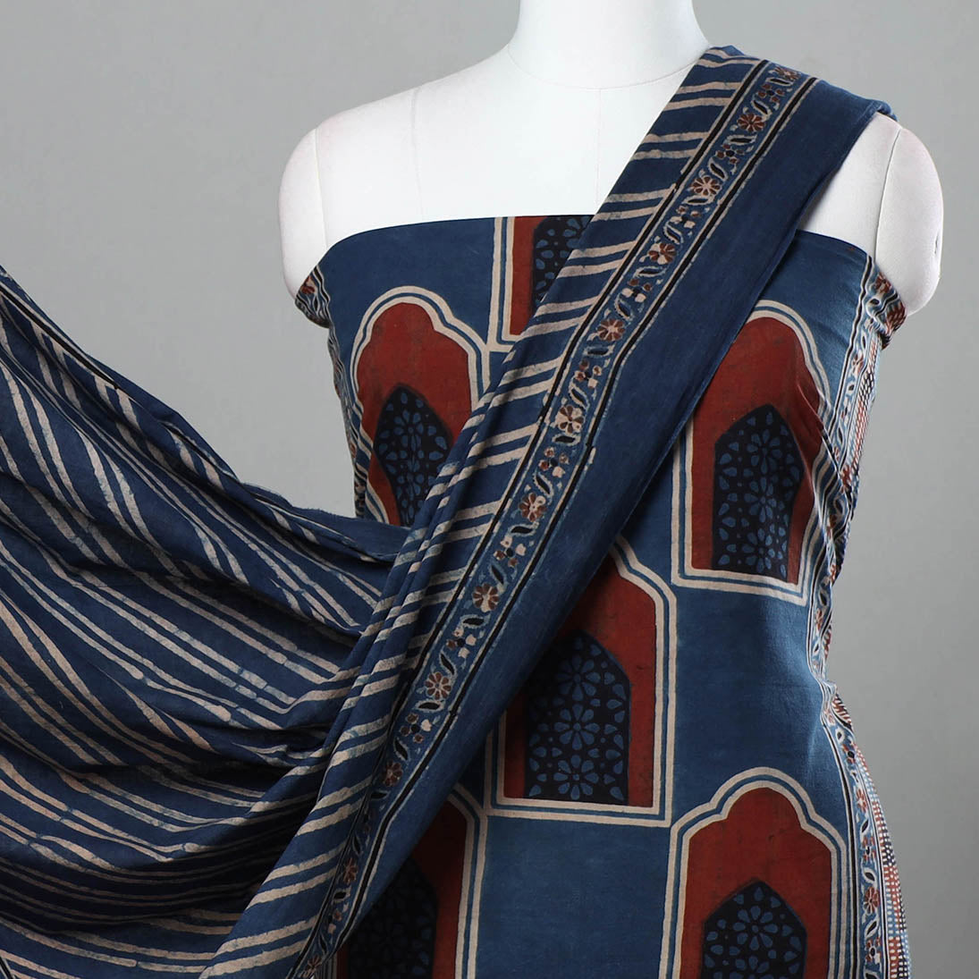 Blue - 3pc Ajrakh Hand Block Printed Cotton Suit Material Set
