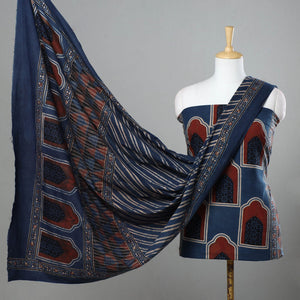 Blue - 3pc Ajrakh Hand Block Printed Cotton Suit Material Set