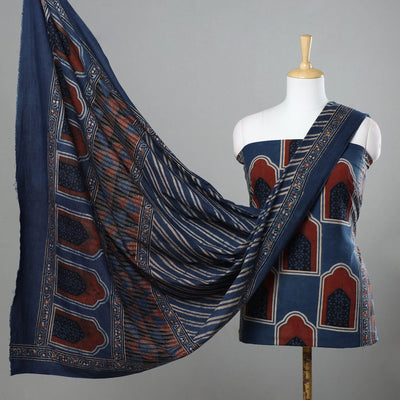 Blue - 3pc Ajrakh Hand Block Printed Cotton Suit Material Set