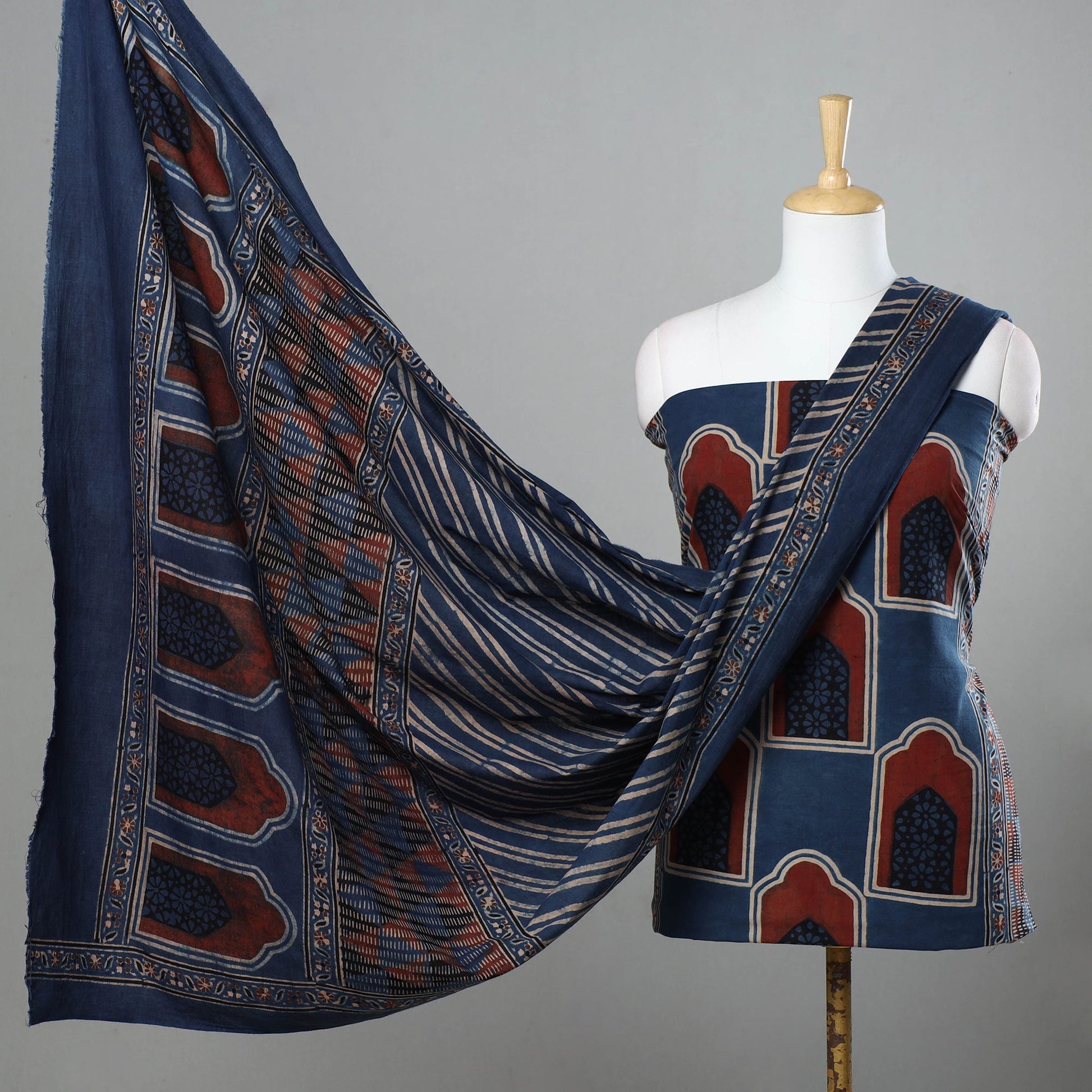 Blue - 3pc Ajrakh Hand Block Printed Cotton Suit Material Set
