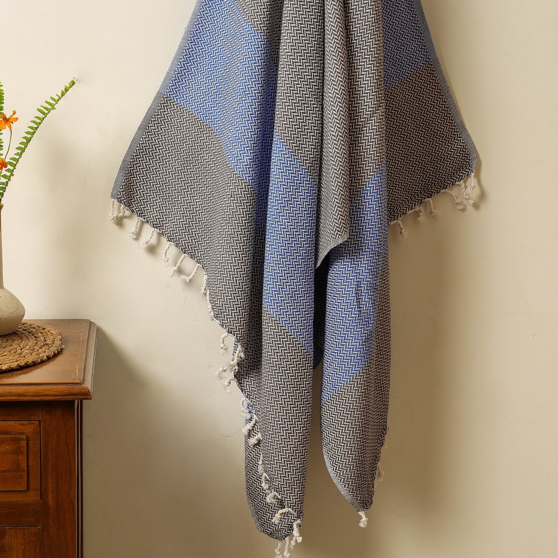 Black - Handloom Cotton Towel with Tassels from Bijnor by Nizam