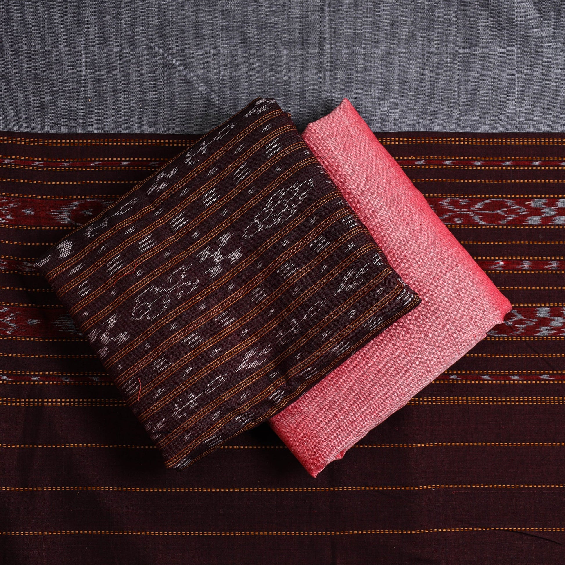 Brown - 3pc Handloom Cotton Sambalpuri Ikat Dress Material 04